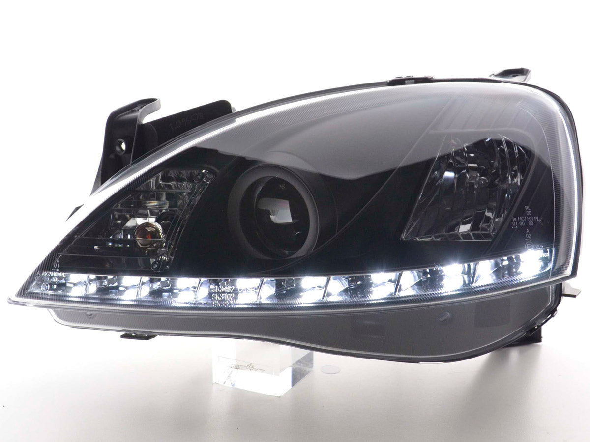 Scheinwerfer Set Daylight LED Tagfahrlicht Opel Corsa C 01-06 schwarz Scheinwerfer Set Daylight LED Tagfahrlicht Opel Corsa C 01-06 schwarz